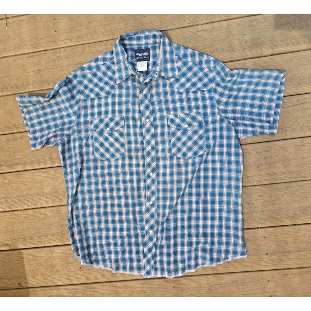 Vintage Wrangler Button Shirt Mens X-Large Red Plaid Pearl Snap Pockets Western